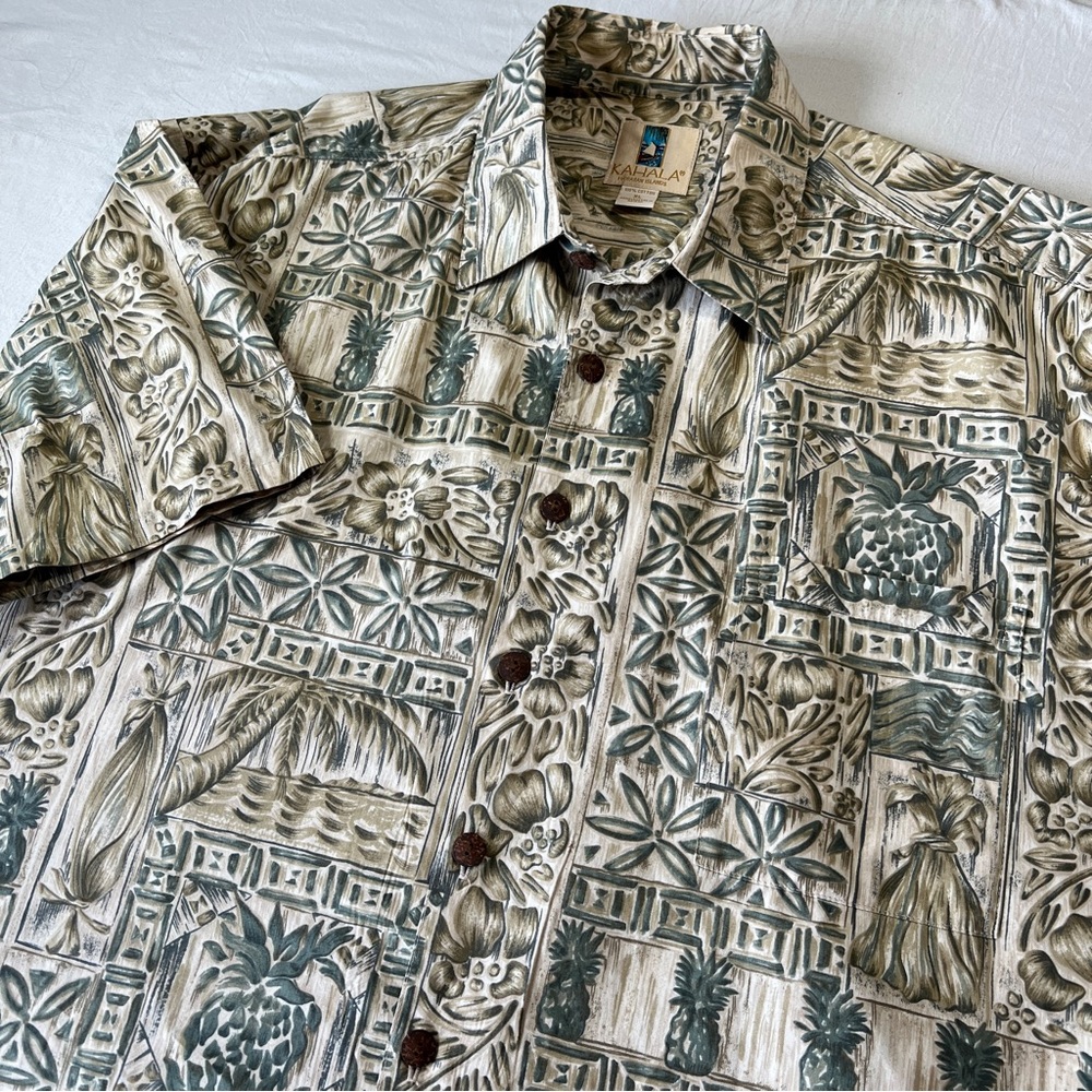 Kahala Hawaiian Shirt Men XL Green/Beige Cotton Made in Hawaii Match Pocket